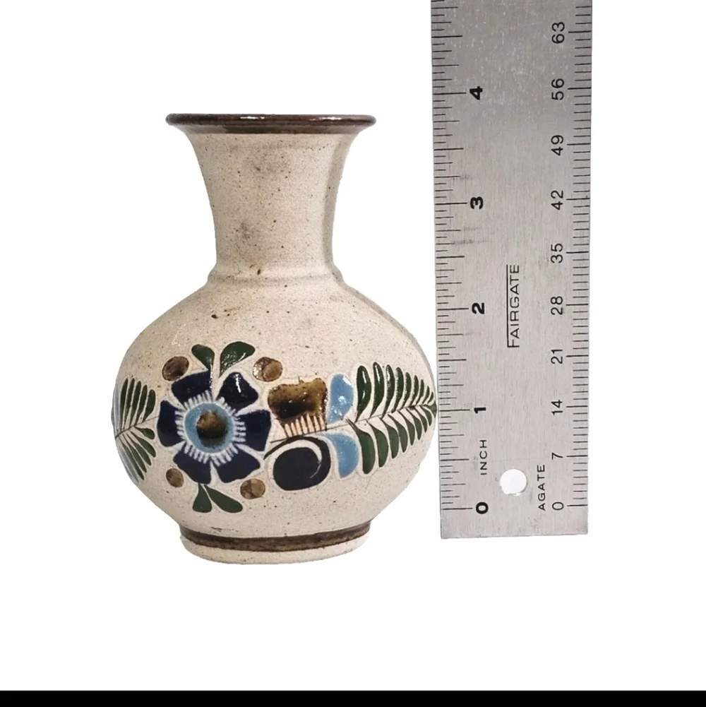 Collectible Mexican Tonala Brown Hand Painted Pottery Vase Floral Design